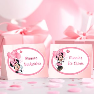 Kit de barraca de comida personalizada da Minnie Mouse, cartão de comida rosa para festa de aniversário para imprimir, modelo de etiqueta de barraca de comida editável da Minnie Mouse rosa