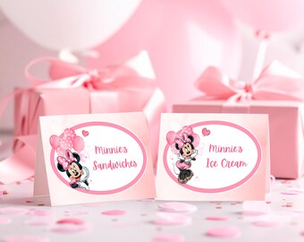 Personalized Food Tent Bundle Minnie Mouse, Printable Birthday Party Pink Food Card, Pink Minnie Mouse Editable Food Tent Label Template