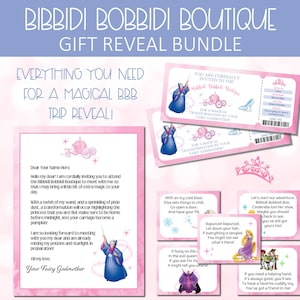 Pode incluir: Um conjunto de convites de festa imprimíveis rosa e branco para uma revelação de viagem mágica. O conjunto inclui uma carta de uma fada madrinha, um bilhete para uma transformação mágica e vários cartões de jogo com princesas da Disney.