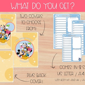 Pu&ograve; includere: Un diario di Disney World con due opzioni di copertina con Topolino, Minnie, Paperino, Paperina, Pippo e Pluto. Include pagine di itinerario nei formati US Letter, A4 e A5.