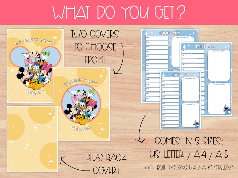 Pu&ograve; includere: Un diario di Disney World con due opzioni di copertina con Topolino, Minnie, Paperino, Paperina, Pippo e Pluto. Include pagine di itinerario nei formati US Letter, A4 e A5.