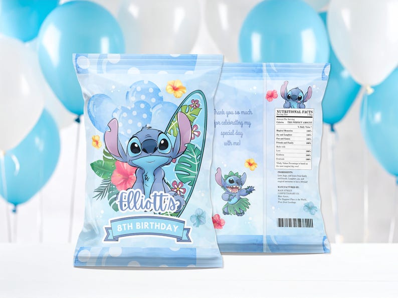 Peut inclure: Sacs de f&ecirc;te bleus avec un personnage de dessin anim&eacute;, une planche de surf et des fleurs tropicales. Le devant du sac indique "8e anniversaire d'Elliott". Le dos du sac comporte une &eacute;tiquette de valeurs nutritionnelles et le texte "Merci beaucoup d'avoir c&eacute;l&eacute;br&eacute; ma journ&eacute;e sp&eacute;ciale avec moi!"