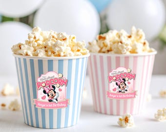 Etiqueta imprimible de palomitas de maíz de Minnie, recuerdo de fiesta de cumpleaños de Minnie, palomitas de maíz de Main Street, decoración rosa para fiesta de cumpleaños, etiqueta personalizada de palomitas de maíz