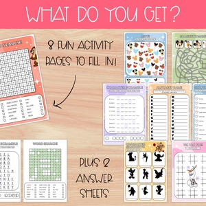 Pu&ograve; includere: Una raccolta di pagine di attivit&agrave; colorate con cruciverba, labirinti e giochi di personaggi. Le pagine includono il testo "WHAT DO YOU GET?" e "8 FUN ACTIVITY PAGES TO FILL IN!" con fogli di risposta.