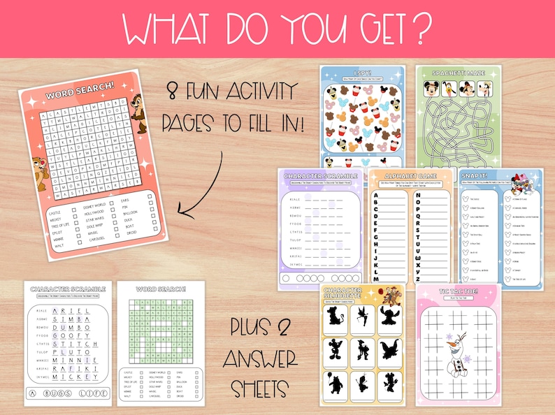 Pu&ograve; includere: Una raccolta di pagine di attivit&agrave; colorate con cruciverba, labirinti e giochi di personaggi. Le pagine includono il testo "WHAT DO YOU GET?" e "8 FUN ACTIVITY PAGES TO FILL IN!" con fogli di risposta.
