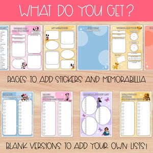 Pu&ograve; includere: Una collezione di pagine colorate con disegni a tema Disney e testo. Le pagine includono liste di controllo, sezioni di memoria ed elenchi vuoti per la personalizzazione. Il testo "WHAT DO YOU GET?" e "PAGES TO ADD STICKERS AND MEMORABILIA" sono visibili.