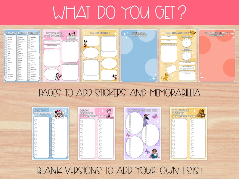 Pu&ograve; includere: Una collezione di pagine colorate con disegni a tema Disney e testo. Le pagine includono liste di controllo, sezioni di memoria ed elenchi vuoti per la personalizzazione. Il testo "WHAT DO YOU GET?" e "PAGES TO ADD STICKERS AND MEMORABILIA" sono visibili.