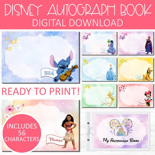 Printable Theme Park Autograph Book, Personalized Character Signatures Autograph Book, 4 Different Covers - Fun Holiday Keepsake For Kids