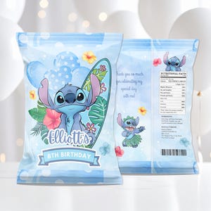 Spersonalizowana torba Stitch Blue Chip, drukowana etykieta Stitch Birthday Chip Bag, dekoracja na imprezę Stitch, upominki na imprezę Blue Stitch Lilo & Stitch