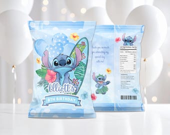 Personalized Stitch Blue Chip Bag, Printable Stitch Birthday Chip Bag Label, Stitch Party Decoration, Blue Stitch Party Favors Lilo & Stitch