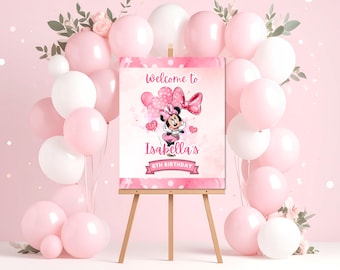 Letrero de bienvenida personalizado de Minnie Mouse, pancarta de cumpleaños rosa de Minnie, pancarta de bienvenida de cumpleaños imprimible, letrero de bienvenida de fiesta de Minnie editable