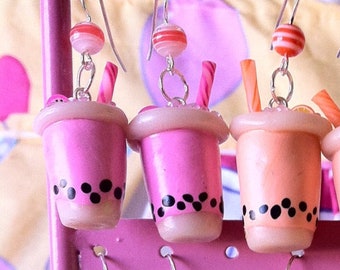 Pink Strawberry Milk Bubble Boba Tea Earrings