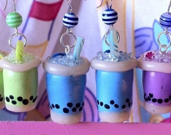 Blue Blueberry Milk Bubble Boba Tea Earrings