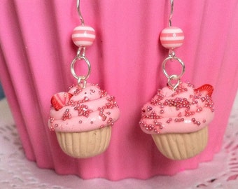 Pink Strawberry Cupcake Earrings