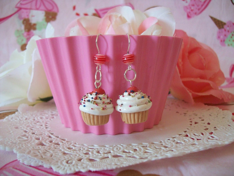 Cupcake Earrings Choose from three flavors Vanilla Chocolate or Pink Made to Order image 2