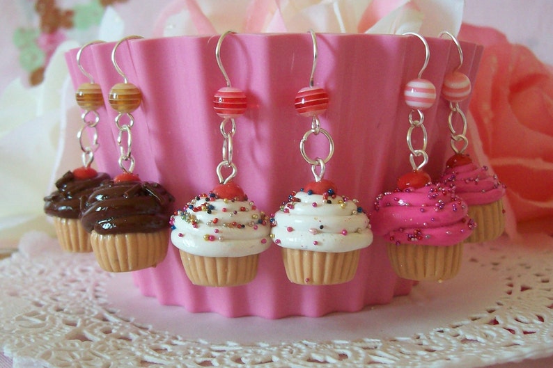 Cupcake Earrings Choose from three flavors Vanilla Chocolate or Pink Made to Order image 1