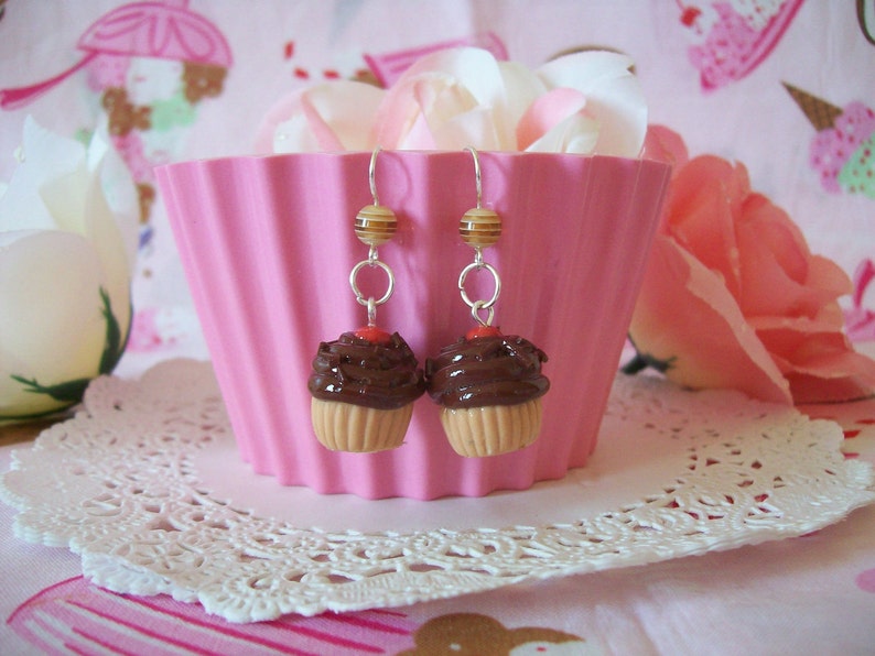 Cupcake Earrings Choose from three flavors Vanilla Chocolate or Pink Made to Order image 3