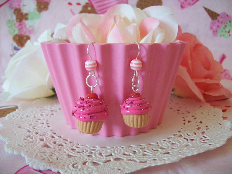 Cupcake Earrings Choose from three flavors Vanilla Chocolate or Pink Made to Order image 4