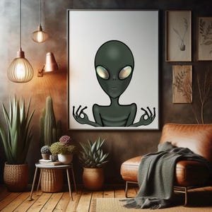 Puede incluir: Una ilustración digital de un extraterrestre verde meditando con los ojos cerrados y las manos en posición relajada.