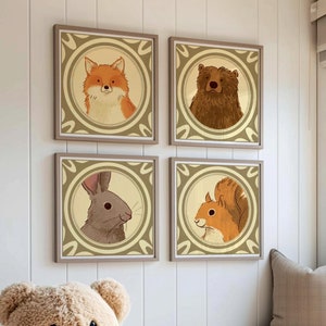 Woodland Animal Classic Portraits Set of 4 | Storybook Vintage Art Prints for Nursery Kids Room Playroom | Cottagecore Cabin Style