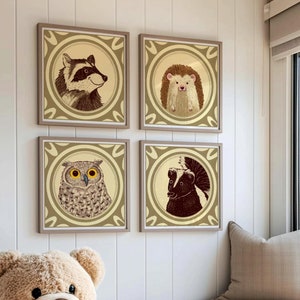 Woodland Animal Classic Portraits Set of 4  | Storybook Vintage Art Prints for Nursery Kids Room Playroom | Cottagecore Cabin Style