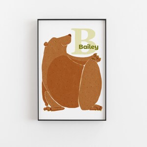 Bear Custom Name Alphabet Initial Poster | Personalized Baby Room Decor | Custom Initials | B Alphabet Print | Nature-Inspired Nursery Art
