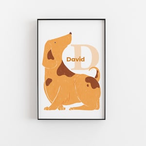 Dog Custom Name Alphabet Initial Poster | Personalized Baby Room Decor | Custom Initials | D Alphabet Print | Nature-Inspired Nursery Art