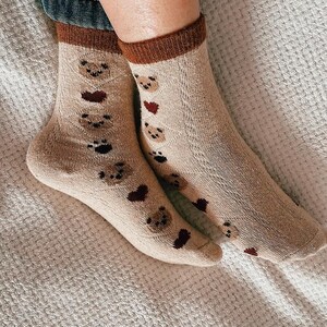 Wool Knitted Cozy Mid-Calf Socks, Warm and Soft Knit Socks for Spring, Cute Retro Bear Socks, Wool Comfort Fit, Men Women Spring Socks Gift image 1