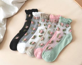 Sheer Floral Socks Women - Spring Summer Transparent Glass Socks, Lace Trim Ankle Socks, Delicate White Socks, Ins Style Lightweight Socks