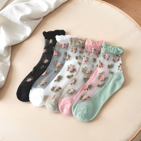 Sheer Floral Socks Women - Spring Summer Transparent Glass Socks, Lace Trim Ankle Socks, Delicate White Socks, Ins Style Lightweight Socks