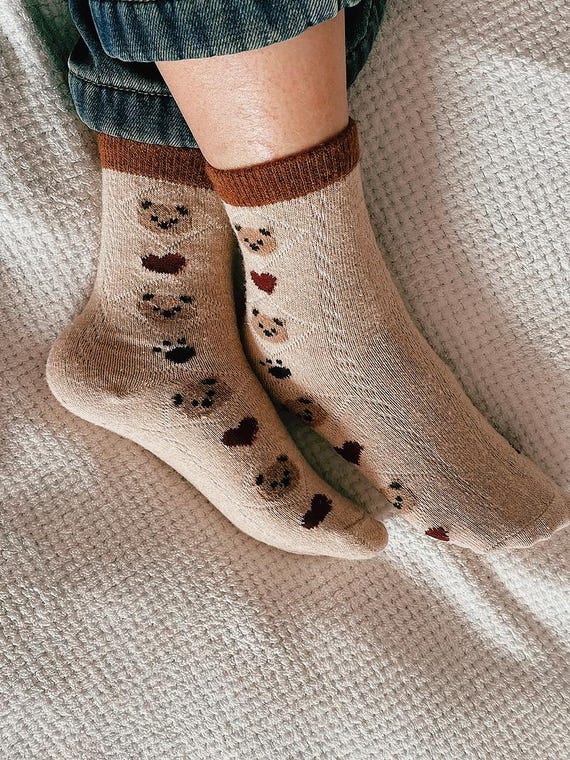 Wool Knitted Cozy Mid-Calf Socks, Warm and Soft Knit Socks for Spring, Cute Retro Bear Socks, Wool Comfort Fit, Men Women Spring Socks Gift