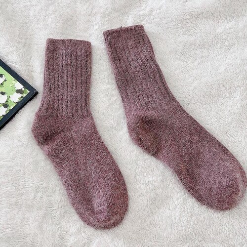 Fairisle Women Socks, Fair Trade Rabbit Fur Socks, Winter Warm Socks, Bunny Wool Socks Men,  Angora Thick Socks, Slippery Casual Socks