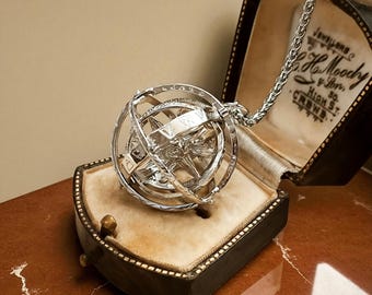 Alchemy Rotating Sphere Pendant - Expandable 3D Silver Charm with Divine Comedy Engravings - Mystical Astronomy Jewelry for Men  925 silver