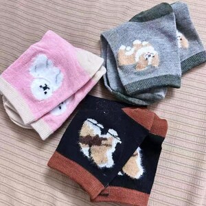 Pu&ograve; includere: Tre paia di calzini alla caviglia rosa, grigi e neri. Ogni paio presenta un disegno di un cane dei cartoni animati. I calzini rosa hanno un cane bianco, quelli grigi un cane marrone e quelli neri un cane marrone.