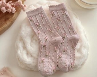 Warm Cozy Cotton Socks, Sweet and Delicate Rose Socks, Mid-Calf Socks for Girls, High Quality Cotton Socks For Women, 4 Colors Floral Socks