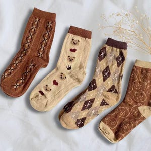 Wool Knitted Cozy Mid-Calf Socks, Warm and Soft Knit Socks for Spring, Cute Retro Bear Socks, Wool Comfort Fit, Men Women Spring Socks Gift image 2