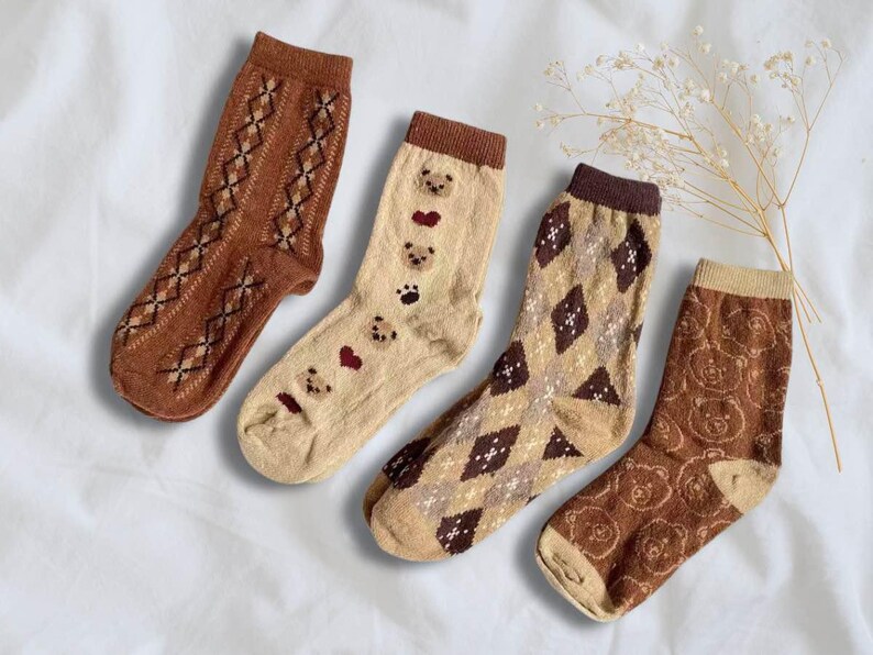 Wool Knitted Cozy Mid-Calf Socks, Warm and Soft Knit Socks for Spring, Cute Retro Bear Socks, Wool Comfort Fit, Men Women Spring Socks Gift image 2