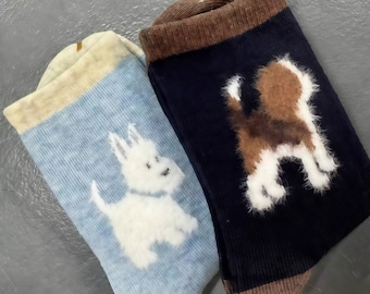 Hundmönster ullstrumpor: Plyschiga termosockor till mitten av vaden, mysiga hundmönster runda strumpor, söta valpsockor till mitten av vaden, unisex