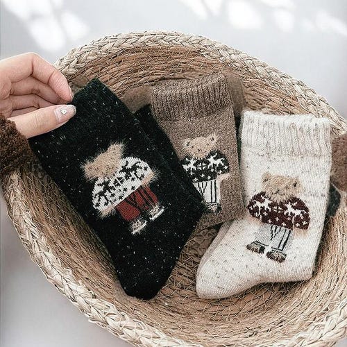 Men Socks Set, Cozy Wool Socks, Warm Daily Socks, Trendy Spring Socks, Casual Bear Socks, Fair Trade Woolly Slipper Socks, Thick Socks men
