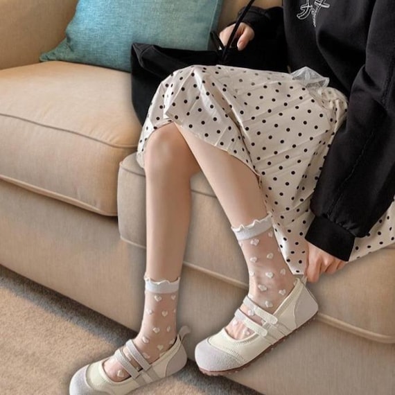 Korean-Style Sheer Glass-Fiber Socks – Cute Heart 3D Patterns & Ruffled Trim!