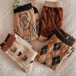 Wool Knitted Cozy Mid-Calf Socks, Warm and Soft Knit Socks for Spring, Cute Retro Bear Socks, Wool Comfort Fit, Men Women Spring Socks Gift image 3
