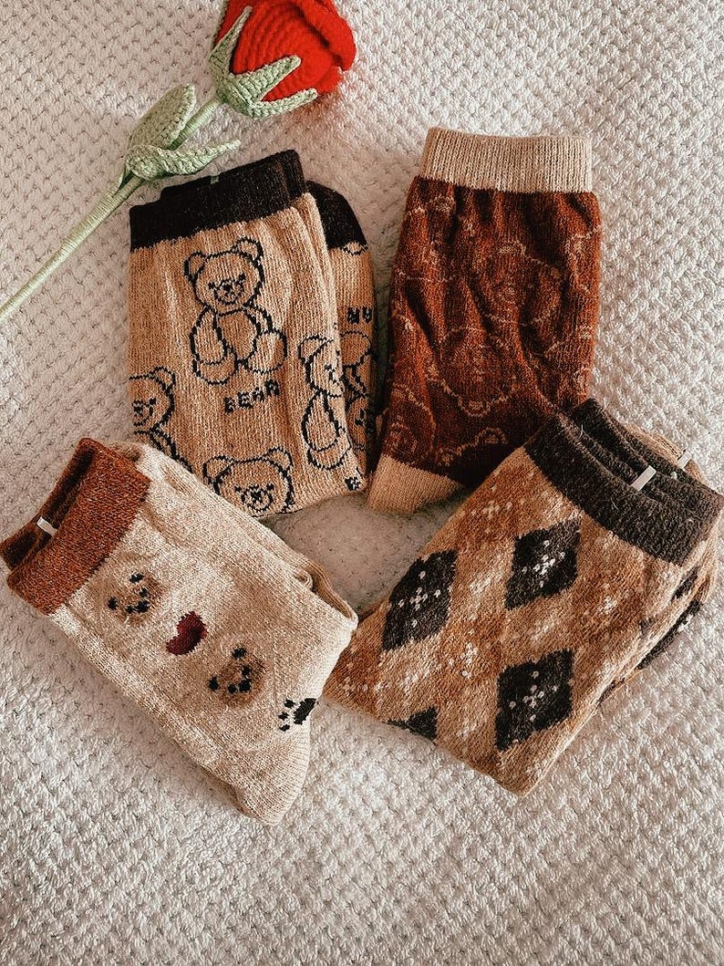 Wool Knitted Cozy Mid-Calf Socks, Warm and Soft Knit Socks for Spring, Cute Retro Bear Socks, Wool Comfort Fit, Men Women Spring Socks Gift image 3