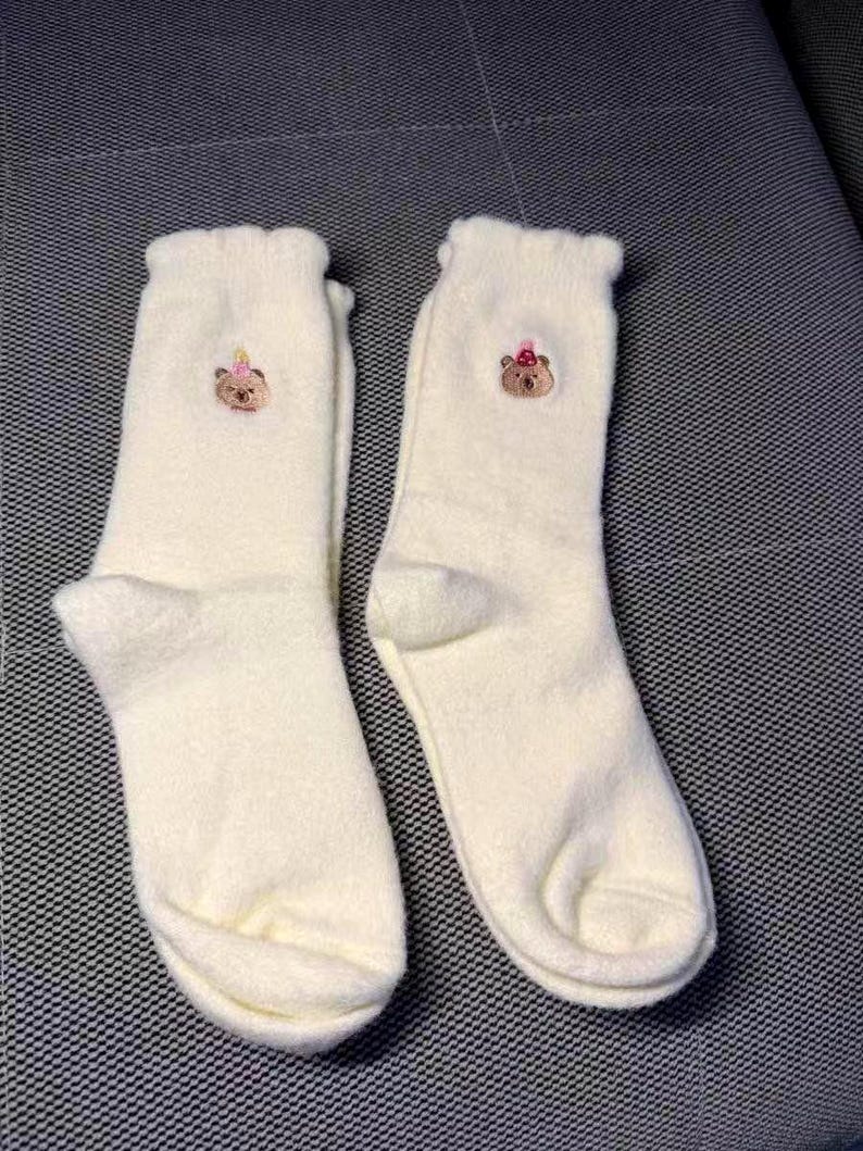 White Cozy Cute Plush Socks, Thicken Fleece Lining Socks for Her, Cute Socks with Bear Embroidery, Warm and Cozy Thick Footwear for Girls image 2