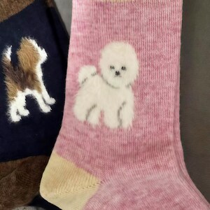 Pu&ograve; includere: Calzini rosa con un disegno di cane Bichon Frise bianco. I calzini hanno un polsino e una punta color beige chiaro. Un altro paio di calzini con un disegno di cane &egrave; visibile sullo sfondo.