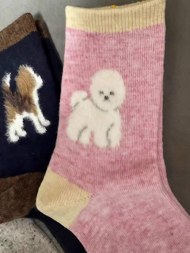 Pu&ograve; includere: Calzini rosa con un disegno di cane Bichon Frise bianco. I calzini hanno un polsino e una punta color beige chiaro. Un altro paio di calzini con un disegno di cane &egrave; visibile sullo sfondo.