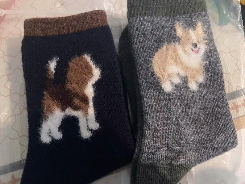 Pu&ograve; includere: Due paia di calzini con disegni di cani. Un calzino &egrave; blu navy con un cane marrone, bianco e beige. L'altro calzino &egrave; grigio con un cane beige e bianco. Entrambi i calzini hanno polsini marroni.