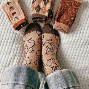 Wool Knitted Cozy Mid-Calf Socks, Warm and Soft Knit Socks for Spring, Cute Retro Bear Socks, Wool Comfort Fit, Men Women Spring Socks Gift image 5