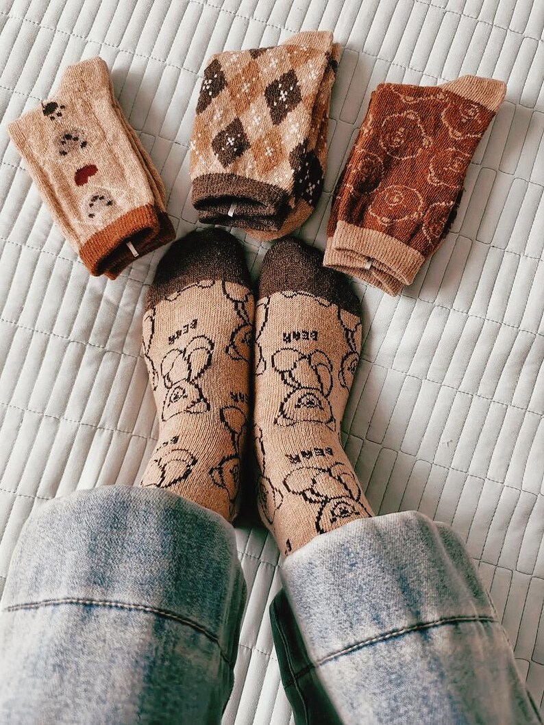 Wool Knitted Cozy Mid-Calf Socks, Warm and Soft Knit Socks for Spring, Cute Retro Bear Socks, Wool Comfort Fit, Men Women Spring Socks Gift image 5
