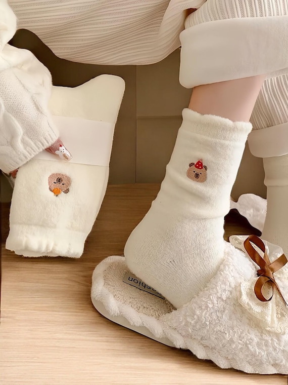 White Cozy Cute Plush Socks, Thicken Fleece Lining Socks for Her, Cute Socks with Bear Embroidery, Warm and Cozy Thick Footwear for Girls