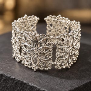 Silver Filigree Cuff Bracelet, Wide Floral Openwork Bangle, Vintage Inspired Statement Bracelet, Elegant Boho Jewelry Gift for Her